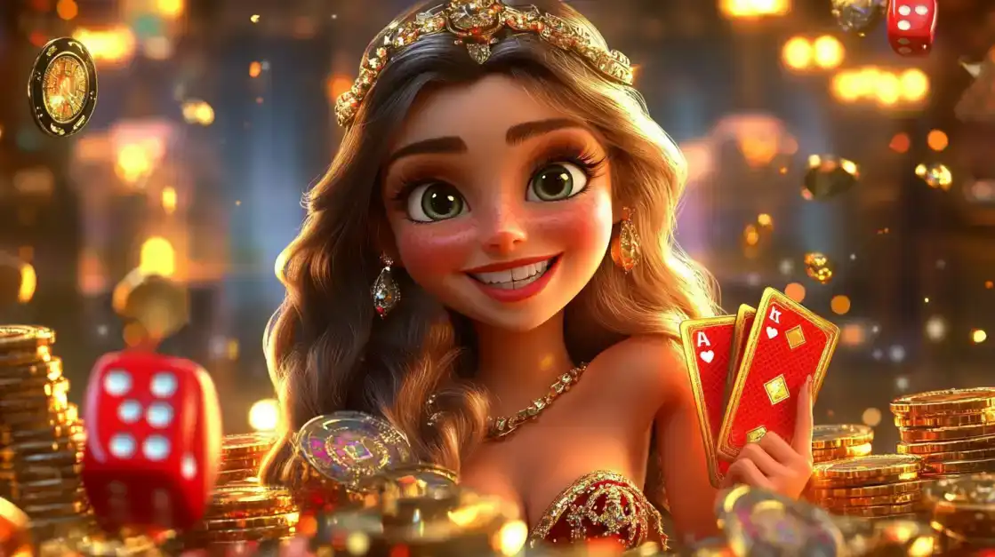A cheerful cartoon princess with a tiara holds a winning hand of cards in a casino filled with golden coins and red dice, celebrating a magical win in the enchanting world of BGD99 games.