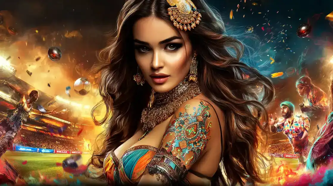 A beautiful woman with an ornate tattoo and jewelry is at the center of a dynamic soccer stadium, capturing the thrilling fusion of sports, glamour, and winning energy at BGD99.