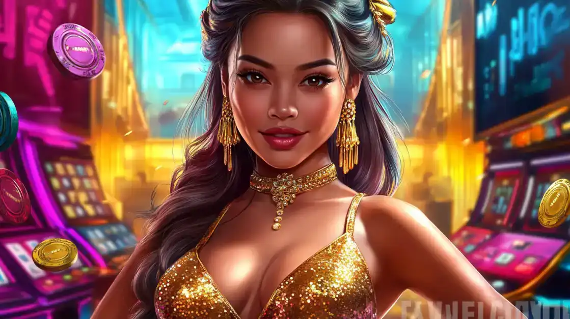 A beautiful woman in a sparkling golden dress and elegant jewelry smiles in a luxurious casino, with rows of colorful slot machines and floating poker chips creating a glamorous atmosphere at BGD99.