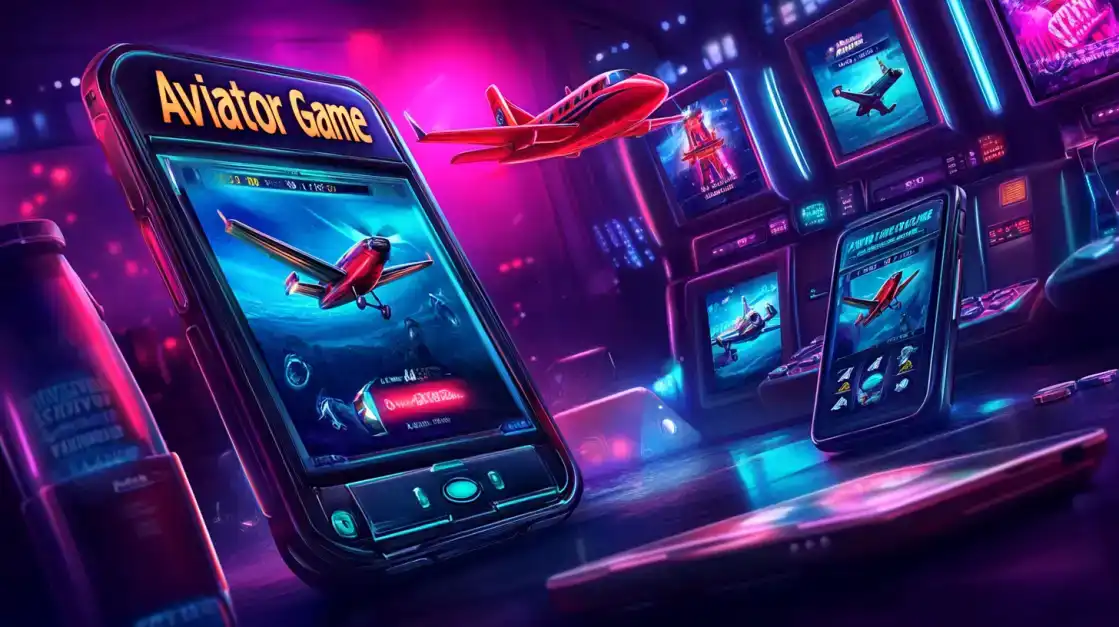 The 'Aviator Game' is displayed on multiple devices with a sleek, futuristic neon interface, featuring a red plane flying through a digital city. Experience the high-tech thrill at BGD99.