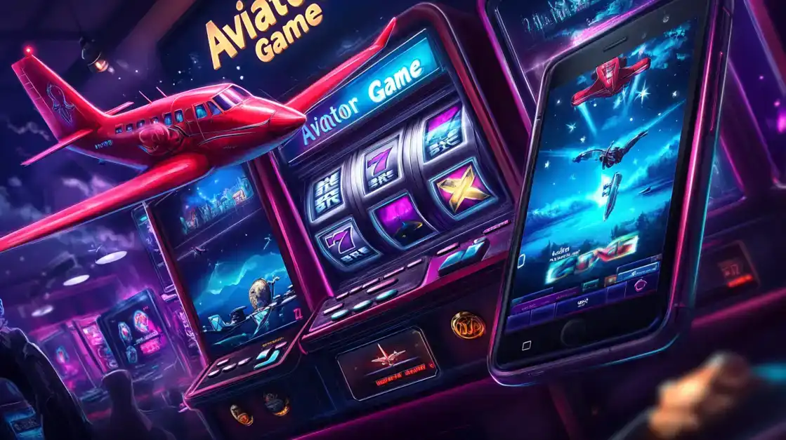 A red plane from the 'Aviator Game' flies out of a slot machine screen, with the game's interface also visible on a smartphone, showcasing the multi-platform excitement at BGD99.
