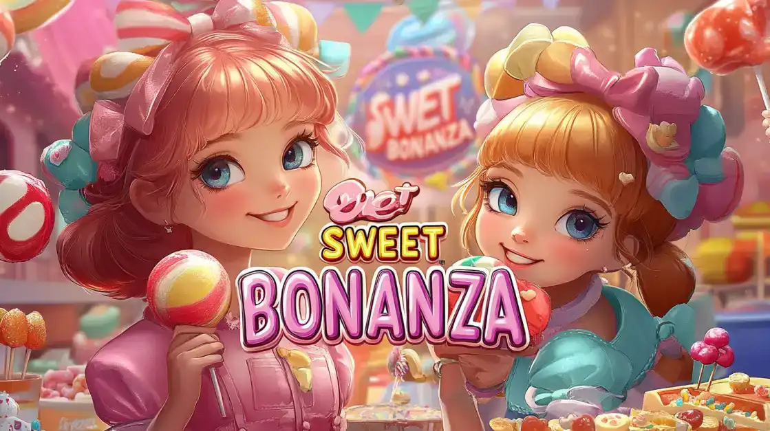 Two adorable anime-style girls from the 'Sweet Bonanza' slot game hold lollipops in a colorful candy land, inviting you to get a taste of the sweet wins available at BGD99.