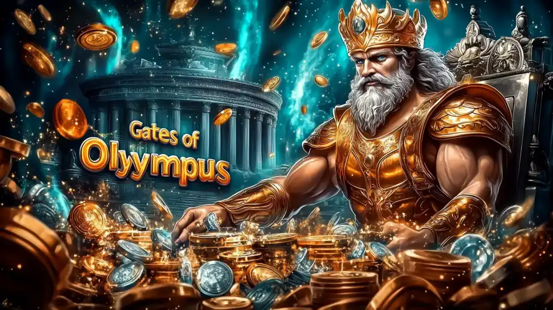 The mighty Zeus in golden armor from the 'Gates of Olympus' slot sits on his throne, surrounded by piles of gold coins. Unleash divine power and win big at BGD99.