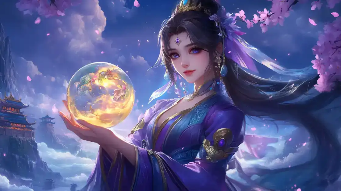 A beautiful goddess in a purple gown holds a magical crystal ball in a serene landscape with cherry blossoms and pagodas, representing the enchanting Asian-themed slot games at BGD99.