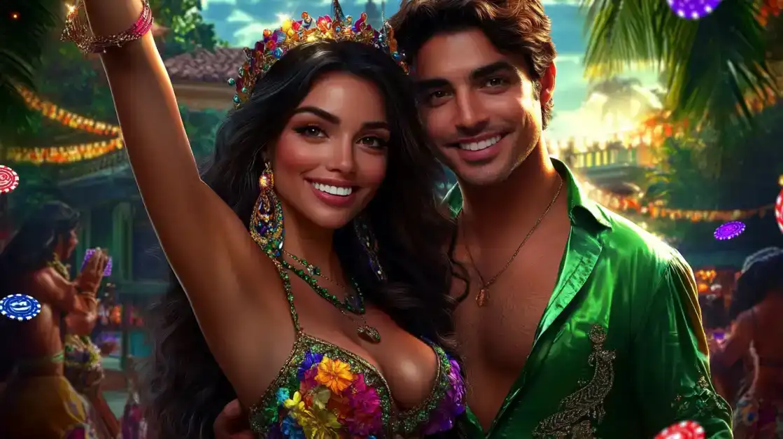 An attractive, happy couple in vibrant carnival attire smiles and celebrates at a festive outdoor party, with colorful poker chips floating in the air. Join the winning celebration at BGD99.