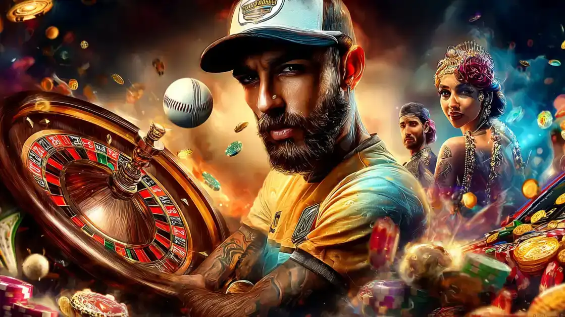 A composite image of a male athlete with a cricket ball and a roulette wheel, with other fantasy characters in the background, showcasing the diverse world of sports and gaming at BGD99.