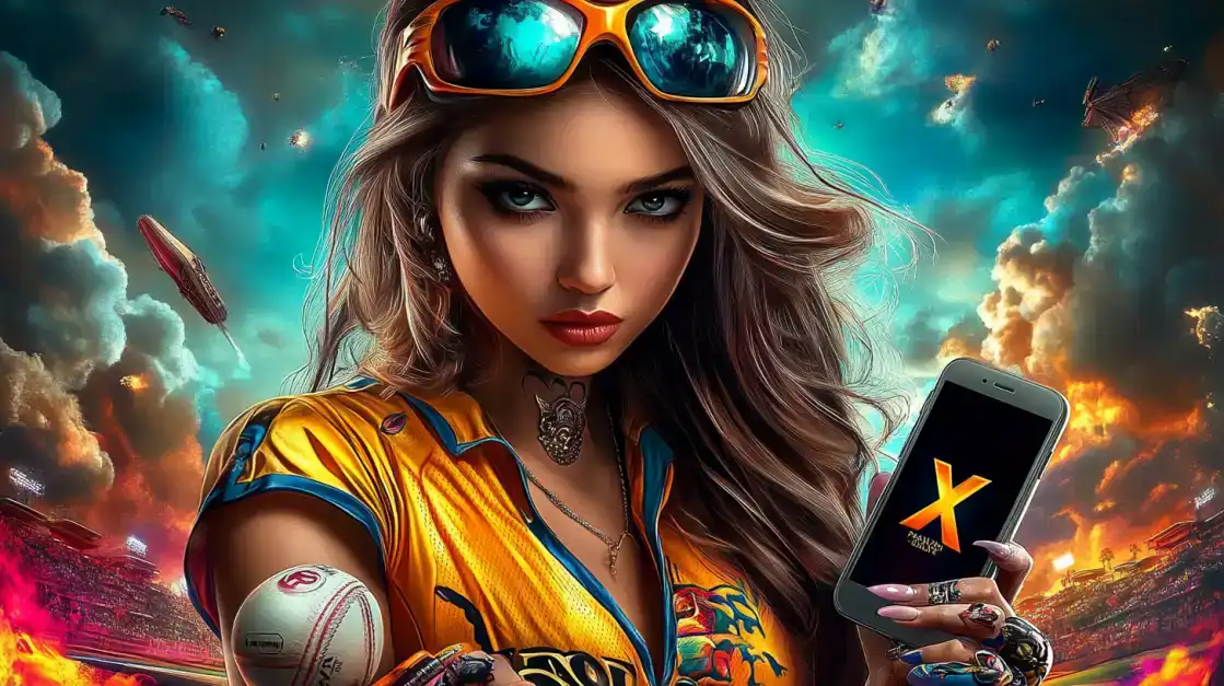 A stylish female athlete in a yellow top and sunglasses holds a phone with an 'X' on it and a baseball, ready to score a big win with the BGD99 sports app.