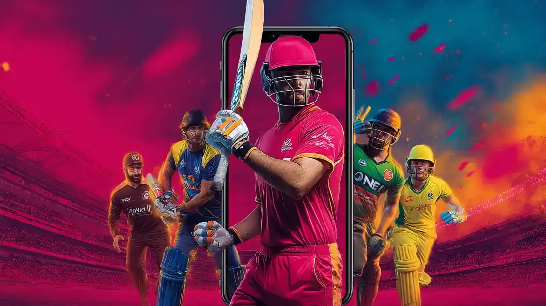 A dynamic image of cricket players in a packed stadium, with the central player framed by a smartphone screen, illustrating the immersive mobile experience of live cricket betting on BGD99.