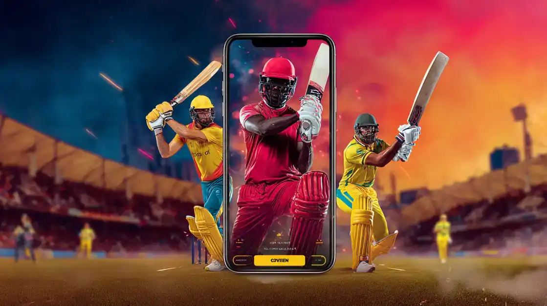 A close-up of a smartphone displaying the BGD99 cricket betting app, which features a team of professional players ready for the match. Download the app for all your cricket action.