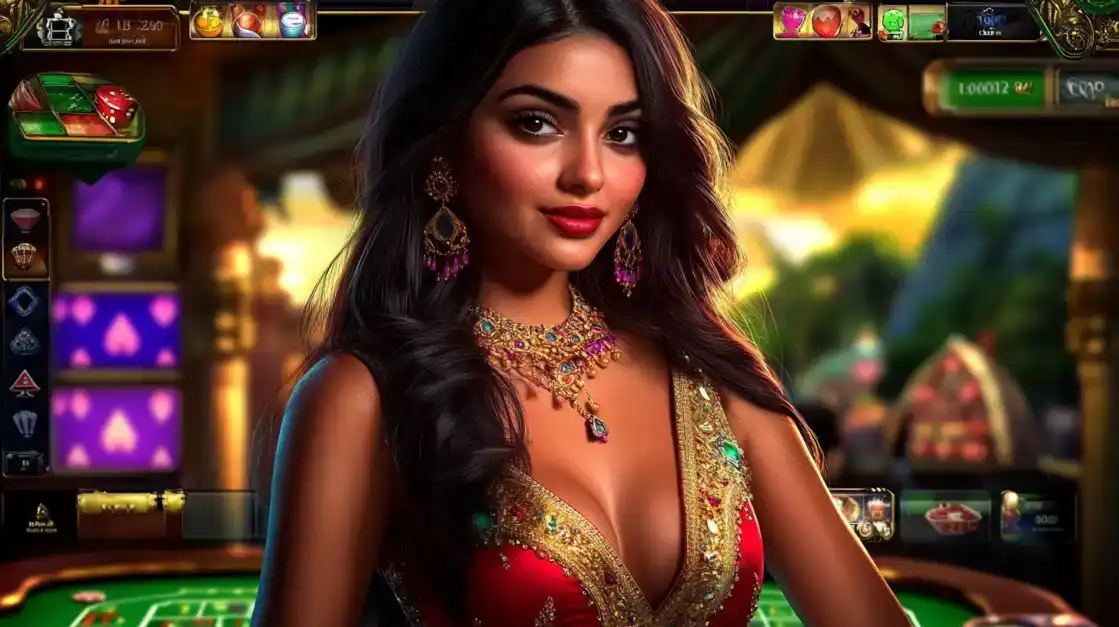 A beautiful woman in an elegant red and gold traditional outfit smiles in a luxurious casino, with a game table and slot machine interface visible, representing the rich Indian-themed games at BGD99.