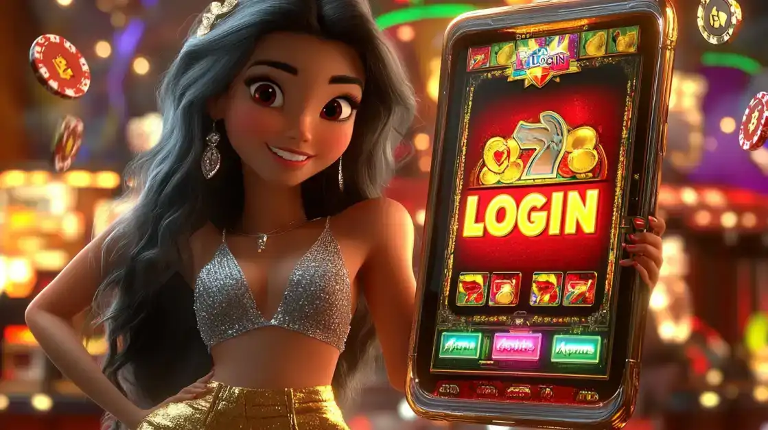 A cute cartoon princess with silver hair and a golden dress stands confidently next to a bright red slot machine with a large 'LOGIN' sign, ready for a fun gaming session at BGD99.
