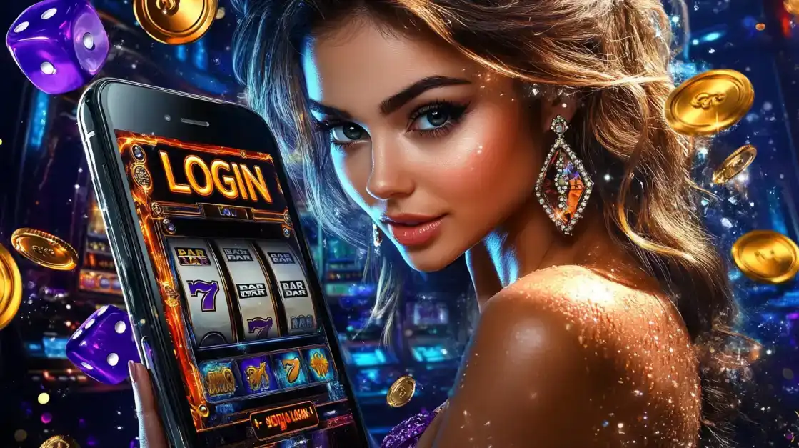 A beautiful blonde woman in a glittering dress holds a smartphone with a 777 slot game login screen, floating in a cosmic scene with dice and gold coins. Log in to BGD99 for stellar wins.