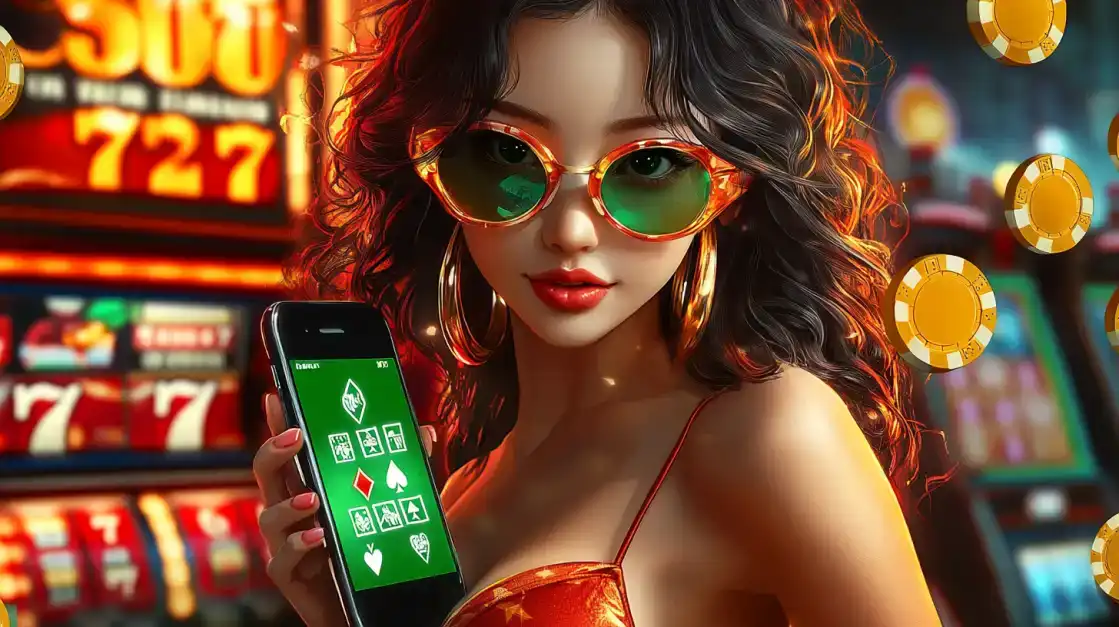 A chic woman with curly hair and stylish sunglasses holds up her smartphone to show a winning hand in a poker app, inviting you to play and win at BGD99.