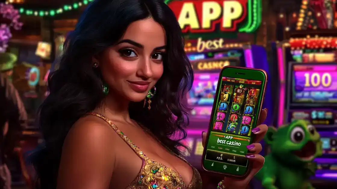 A lovely woman holds up her smartphone, showing off the 'Best Casino' games screen on the BGD99 app, with a vibrant and inviting casino lounge and slot machines in the background.