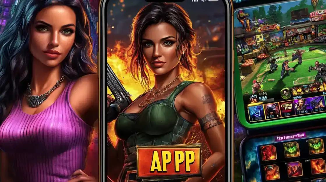 A triptych of a powerful female warrior with a pistol, showcasing the high-quality graphics and action-packed themes of the adventure slot games on the BGD99 app.